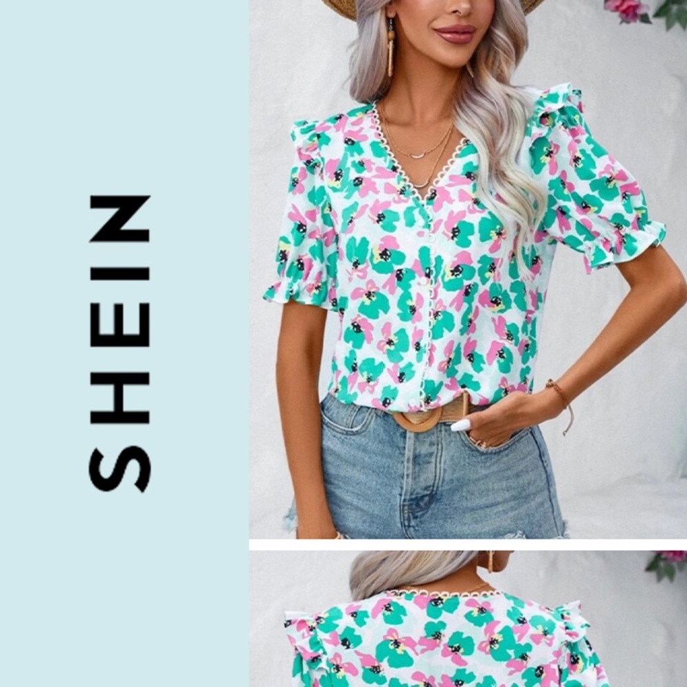 SHEIN Floral Print Lace Ruffle Trim Puff Sleeve Blouse Medium Pink Green White